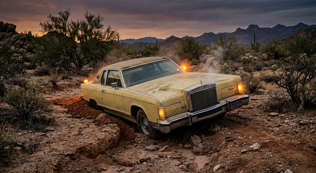 '77 yellow Lincoln in the Sonoran desert